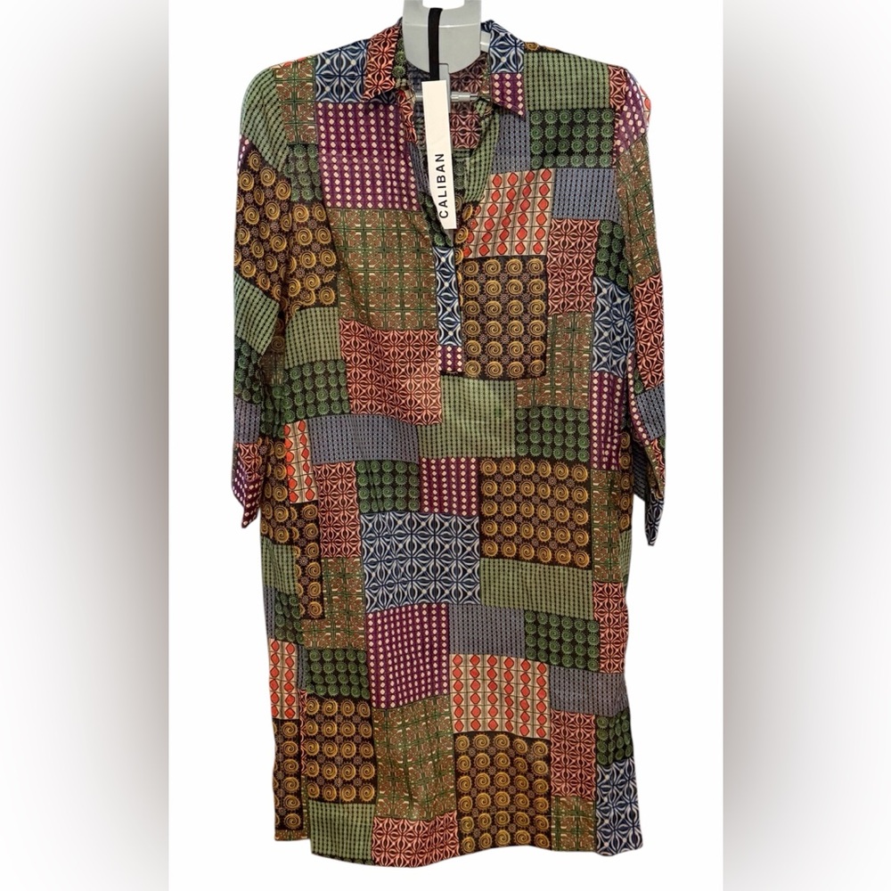 Caliban Printed Dress Tunic Multicolor Patchwork Button Front, Made in Italy